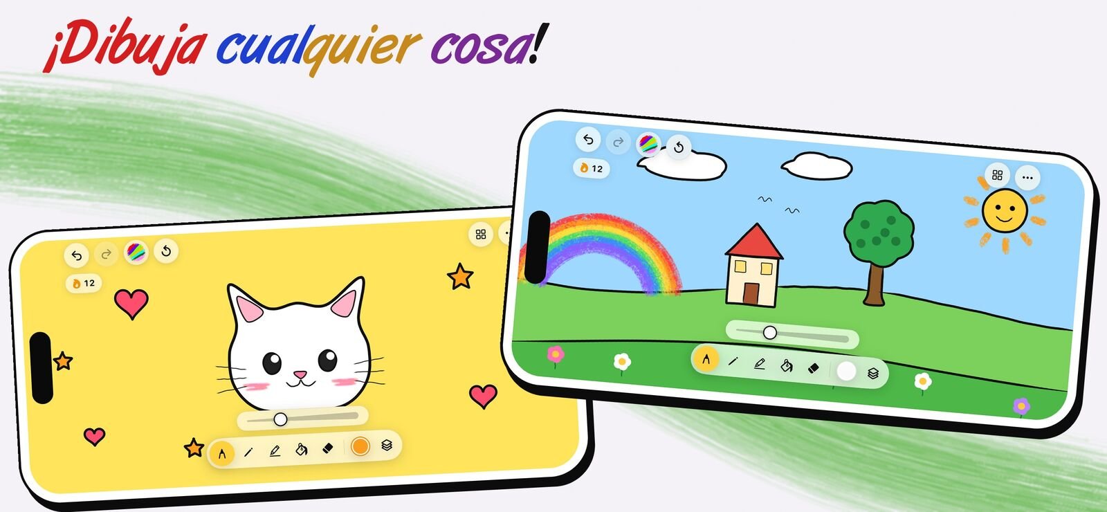 Dos iPhone con Draw Anything: un gato con corazones y estrellas sobre papel amarillo y un paisaje con arcoíris, casa, árbol y un sol sonriente