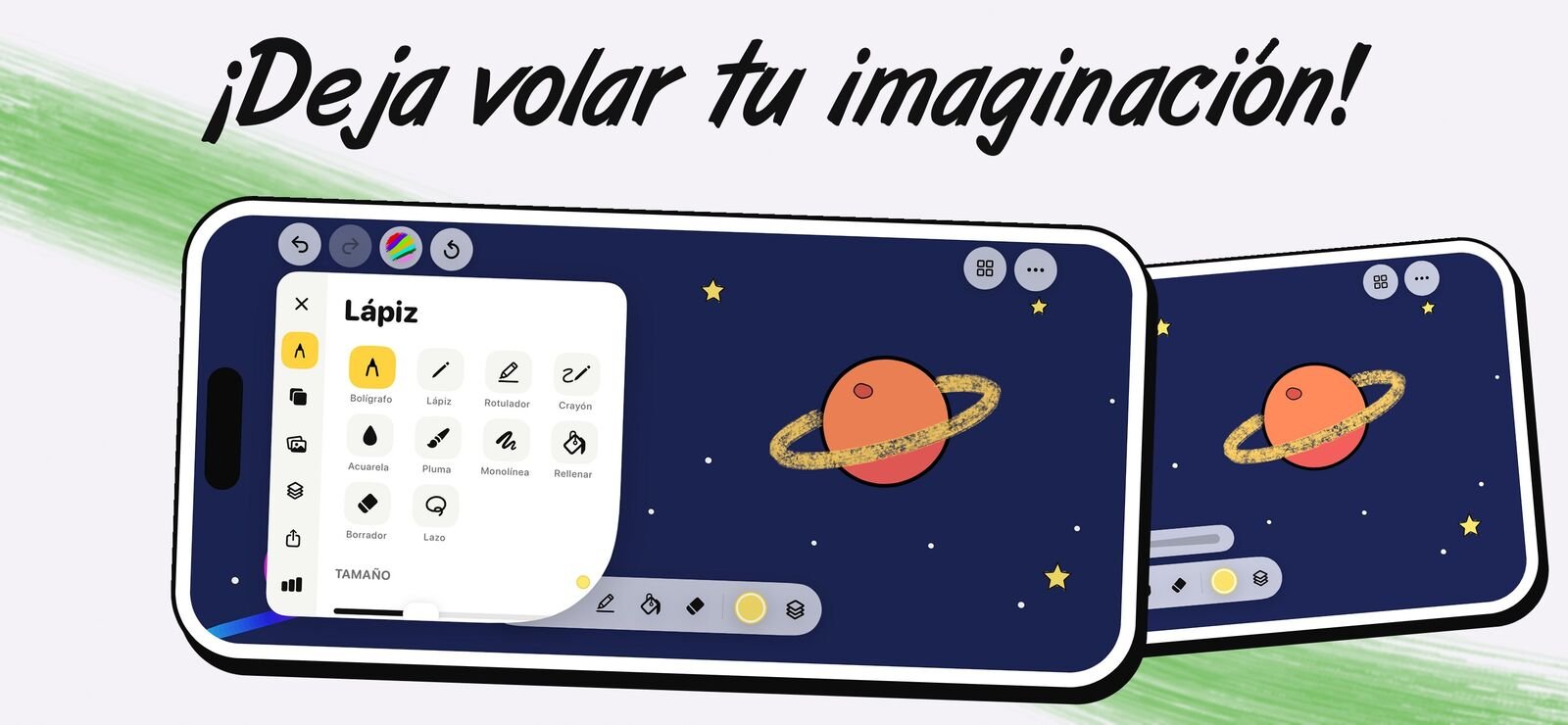 El panel de pinceles de Draw Anything sobre un dibujo del espacio, con las herramientas pluma, lápiz, rotulador, cera, acuarela, pluma estilográfica, monolínea y relleno