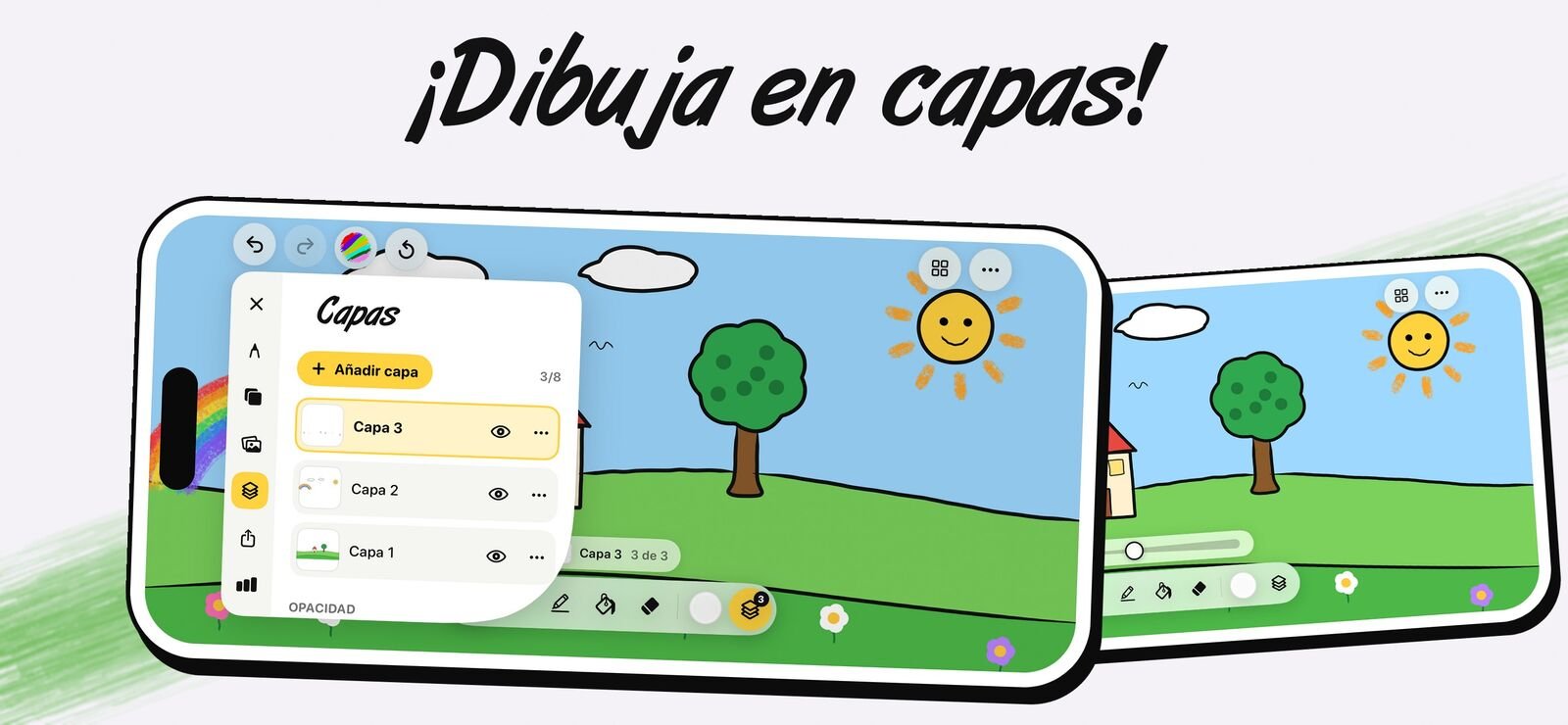 El panel de capas de Draw Anything sobre un paisaje, con el botón Añadir capa y tres capas con su control de visibilidad