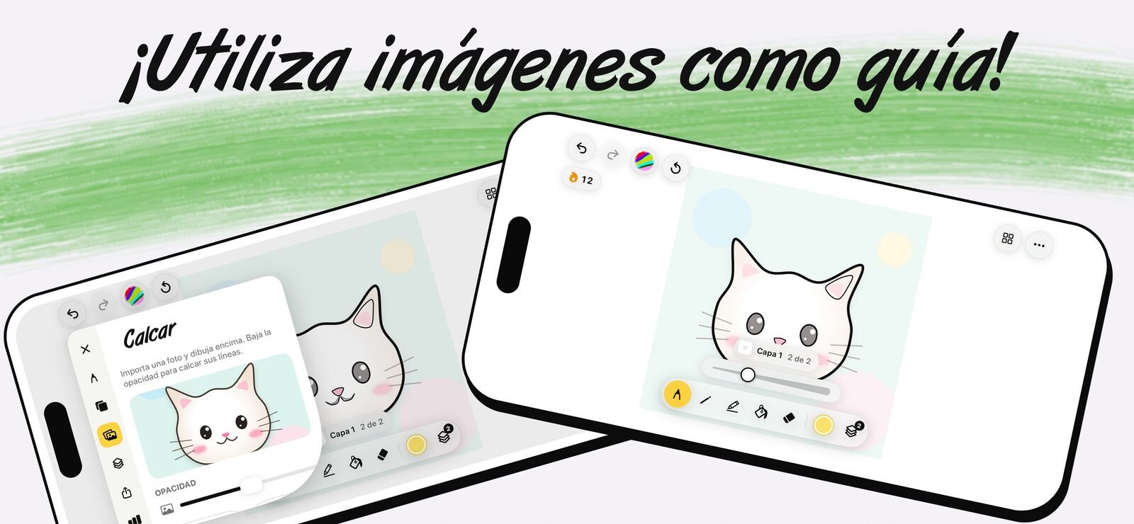 Calcando la foto de un gato en Draw Anything: el panel Calcar atenúa la foto para dibujar encima en otra capa