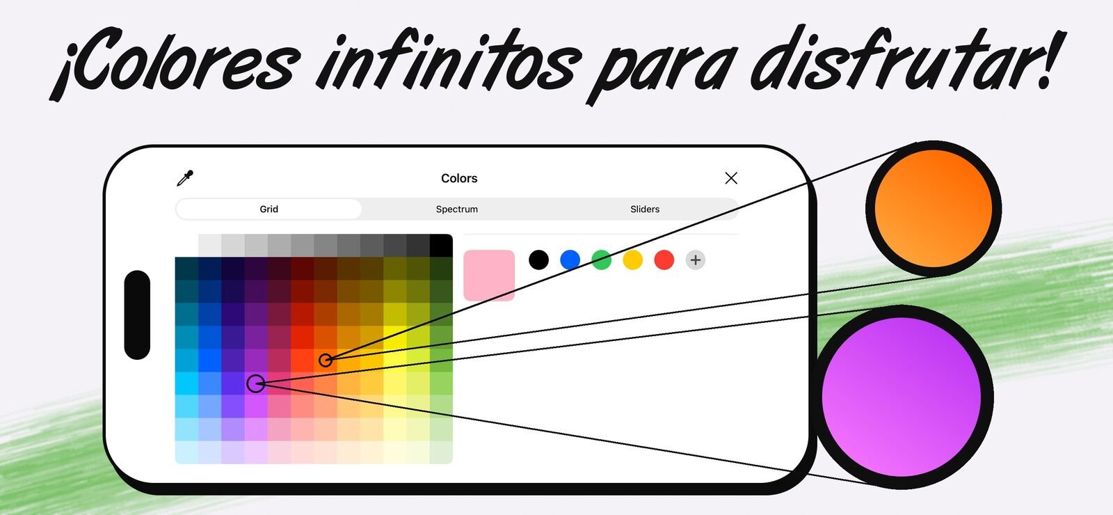 El selector de color de Draw Anything en la pestaña de cuadrícula, con colores recientes y dos tonos ampliados