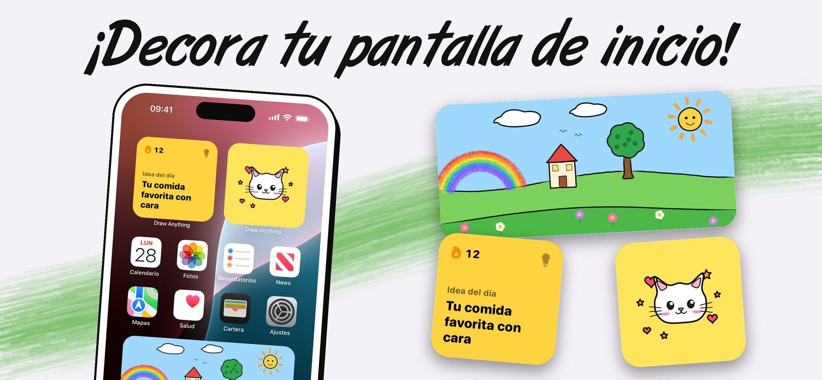 La pantalla de inicio de un iPhone con widgets de Draw Anything: la idea del día, una racha de 12 días y un dibujo de un gato