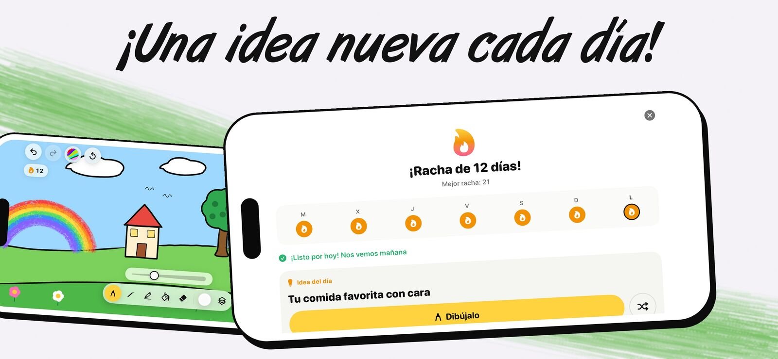 La pantalla de idea diaria de Draw Anything con una racha de 12 días y la idea «Tu comida favorita con cara» y el botón Dibújalo
