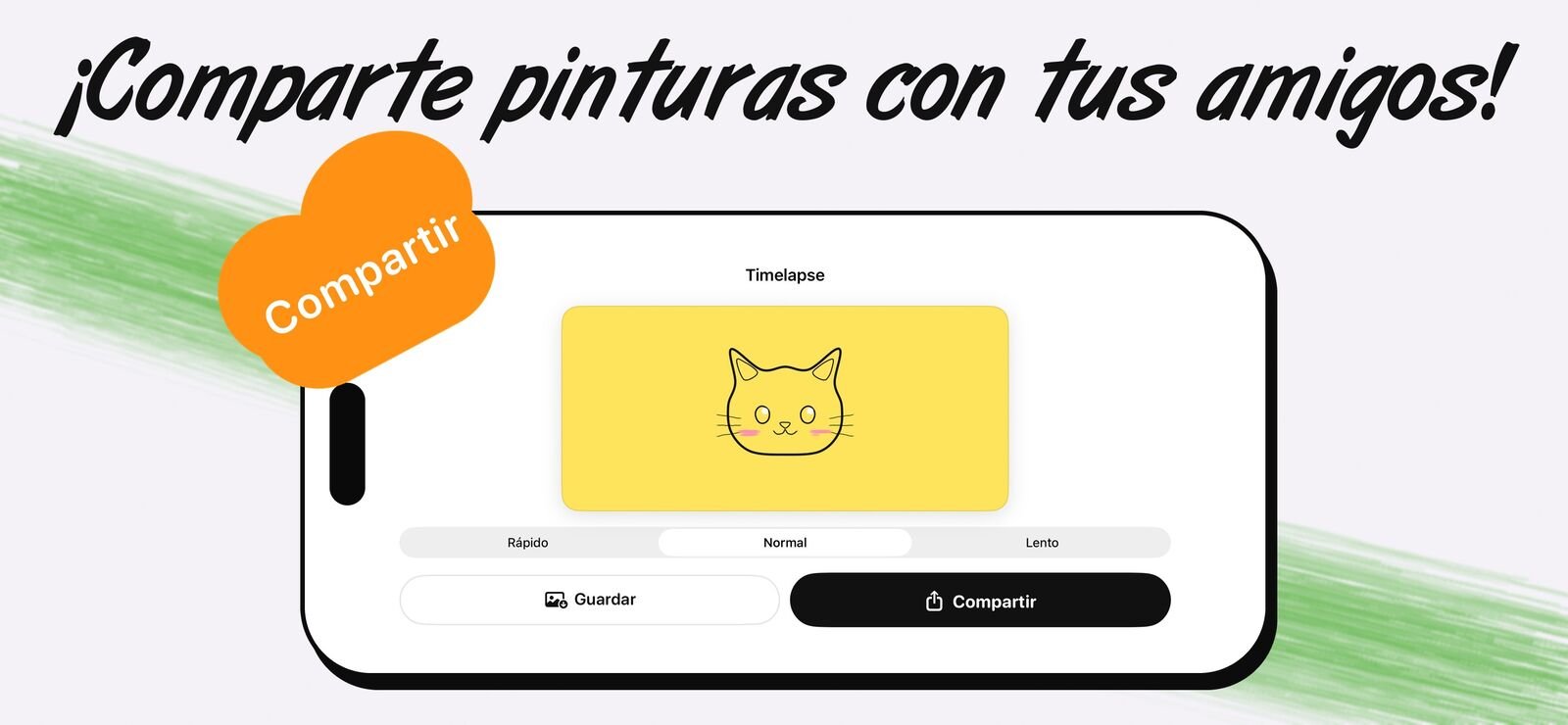 La pantalla para compartir de Draw Anything con el timelapse de un gato, opciones de velocidad y los botones Guardar y Compartir