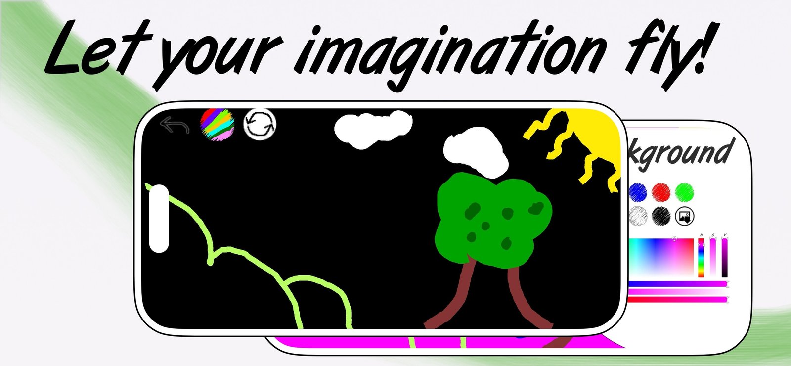 A landscape with a tree, clouds and a yellow sun drawn in bright colours on a black canvas in Draw Anything, with the colour panel open