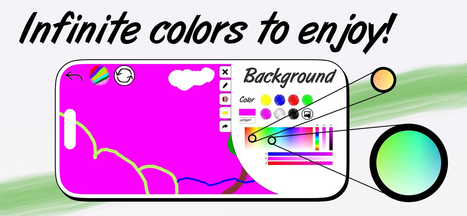 The Draw Anything colour picker showing hex entry, an HSV gradient field and RGB sliders, with two colour swatches magnified
