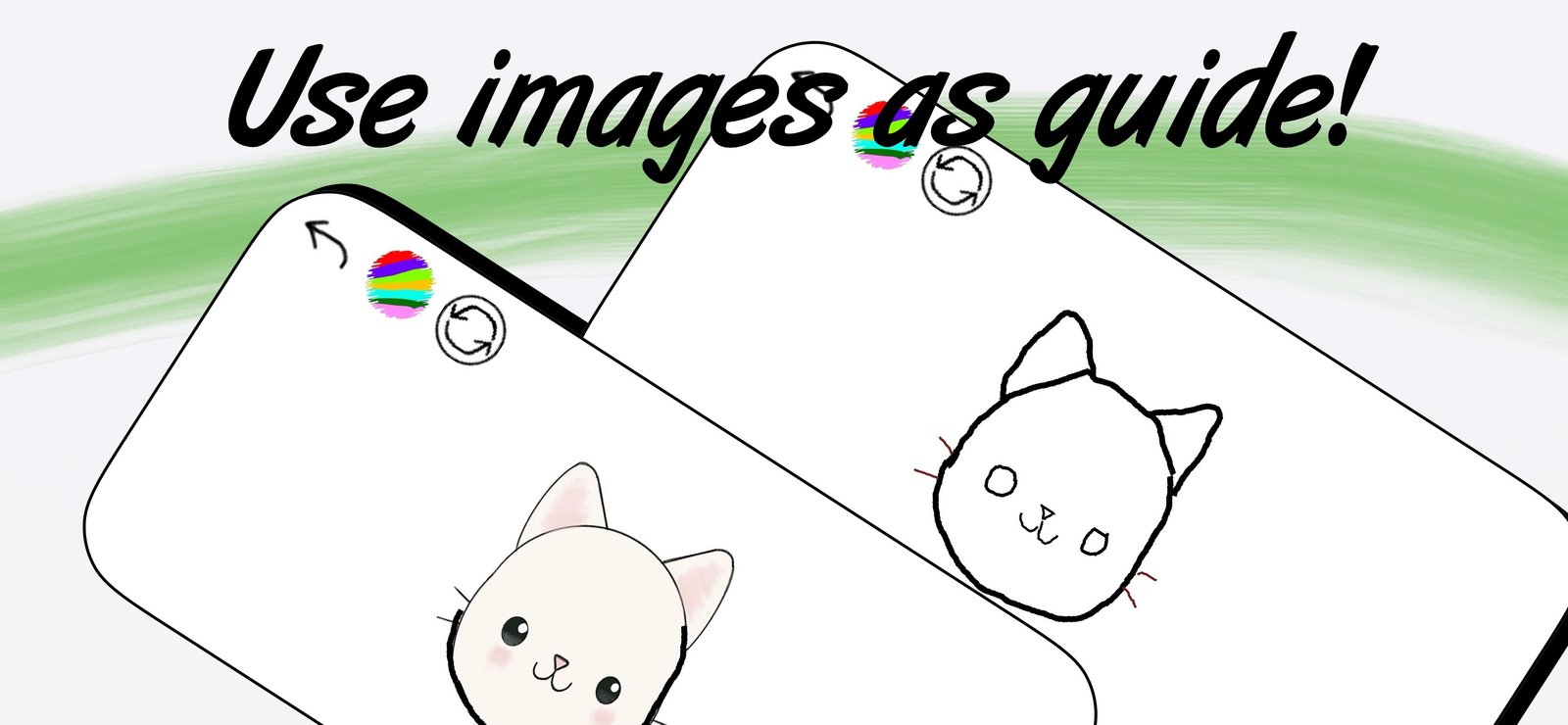 A photo of a white cat used as a reference in Draw Anything next to a hand-drawn line version of the same cat