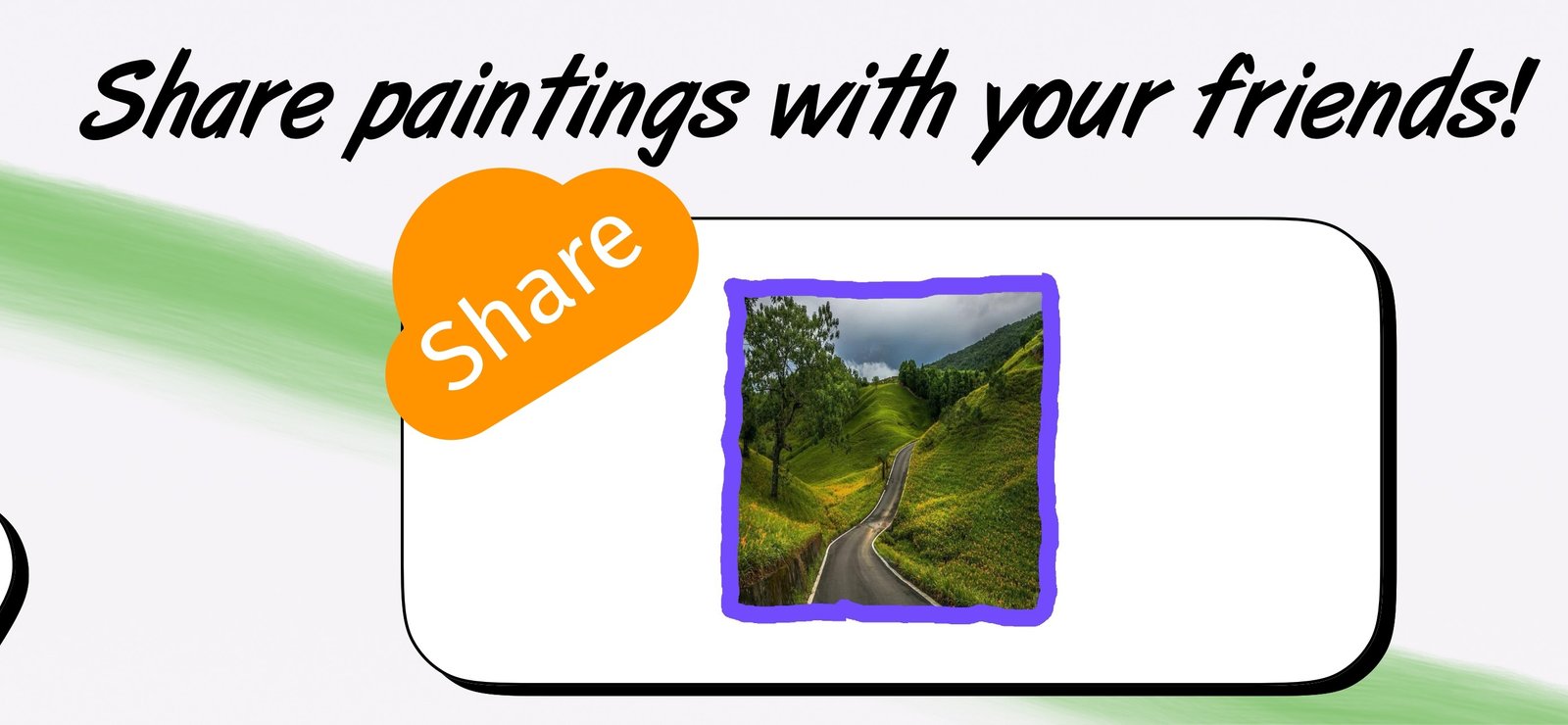 A finished painting of a green valley road being shared from Draw Anything with a large orange Share button