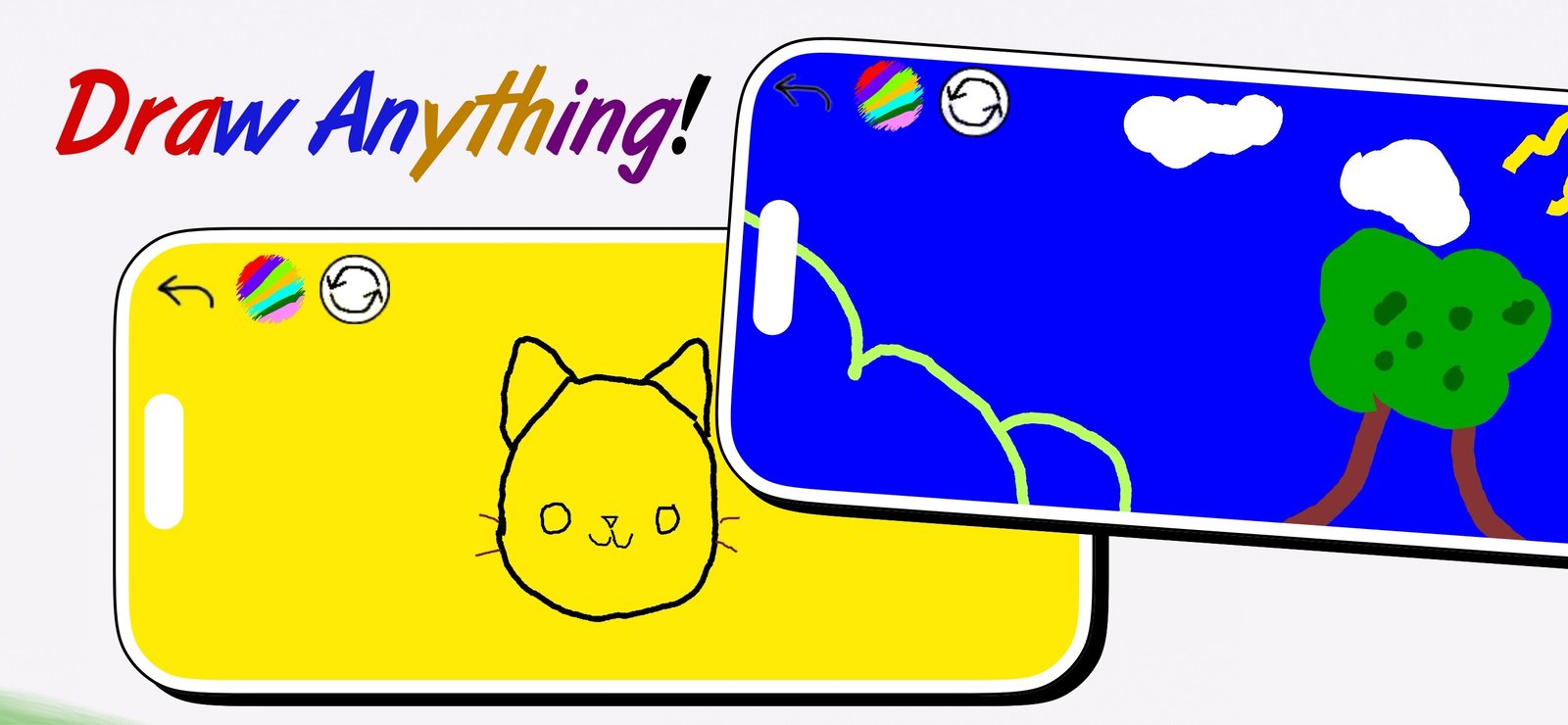 Two phones showing Draw Anything: a cat drawn on a yellow canvas and a landscape drawn on a blue canvas