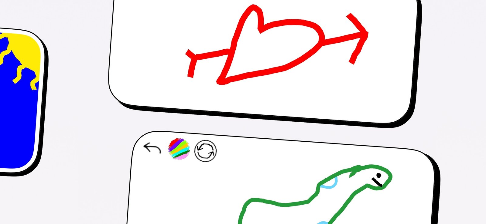A red heart pierced by an arrow and a green snake drawn on white canvases in Draw Anything